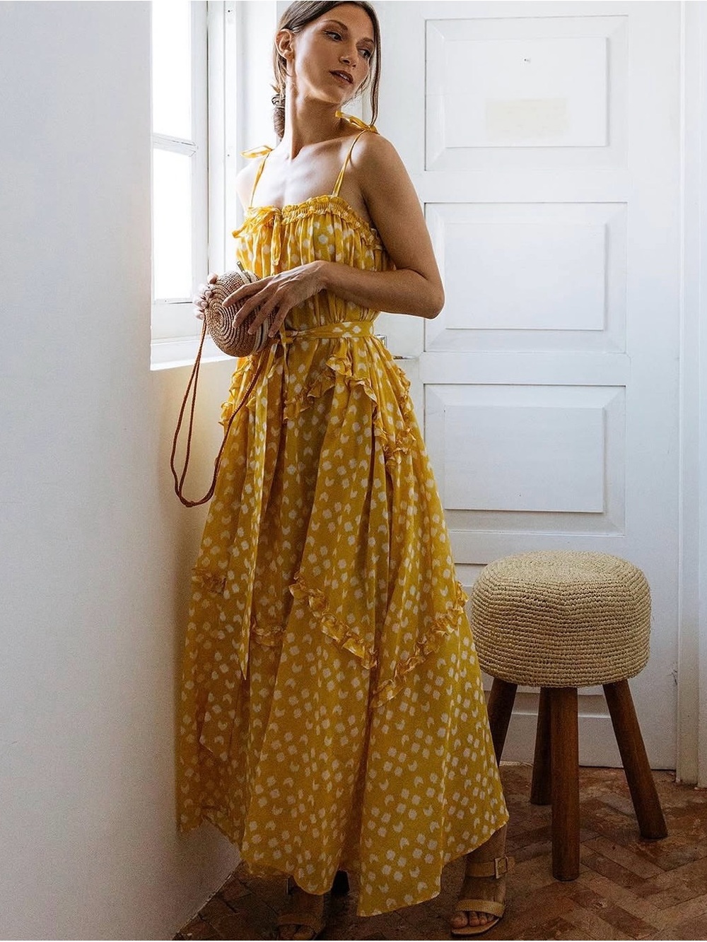 Yellow Ruffled Maxi Dress with Tie Straps